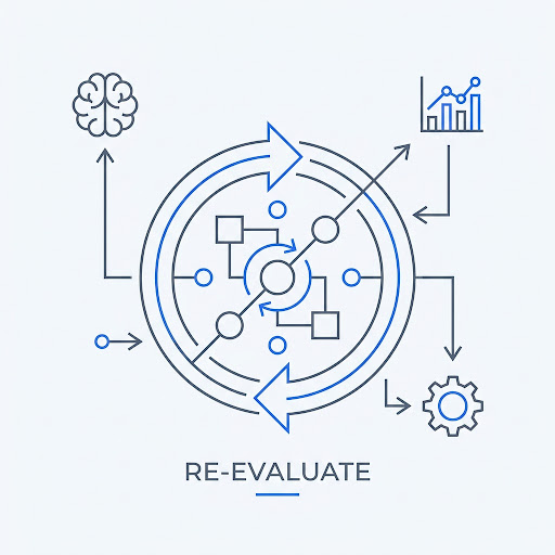 Diagram illustrating the Re-evaluate phase: comparing monthly performance against baseline
